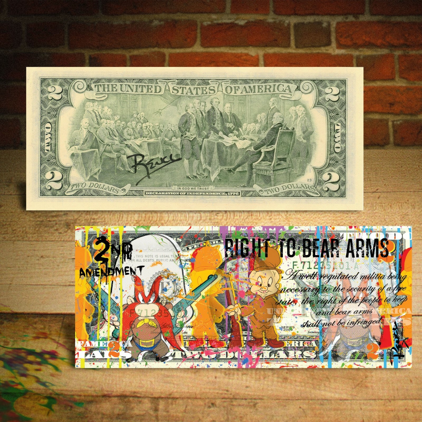 2nd Amendment Right to Arms $2 Bill SIGNED by Rency - ELMER FUDD & YOSEMITE SAM