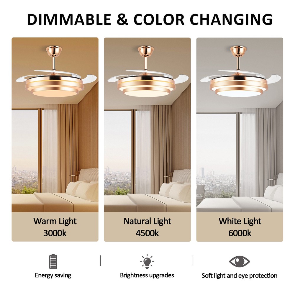 42" Ceiling Fan Light Chandelier w/ LED Retractable Blades +Remote Control