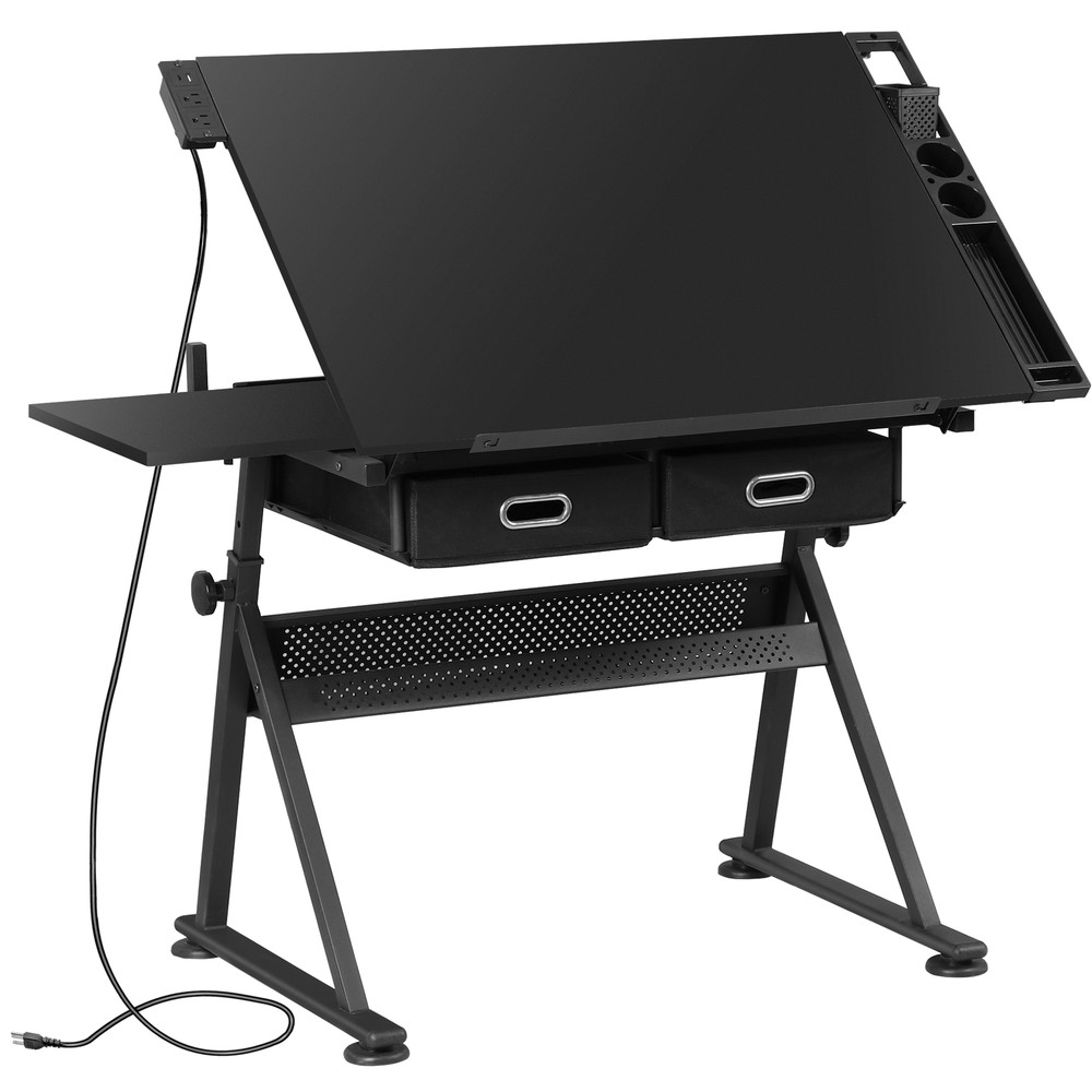 Adjustable Drafting Drawing Tiltable Table & Stool w/ 2 Drawers & Outlet Black