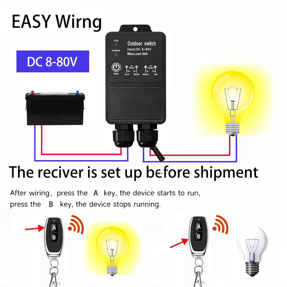 12V Remote Control Switch. IP67 Waterproof DC8-80V 30A Relay Wireless Switch wit