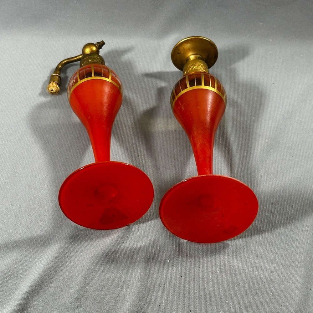 Pair Vintage Art Deco Pyramid Perfume Set Orange Atomizer & Dauber