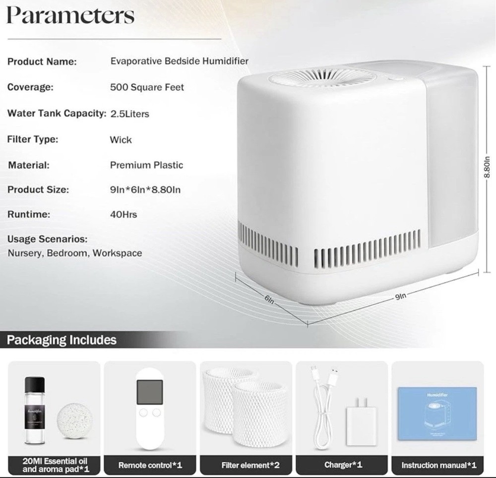 Bedside Evaporative Humidifier w/ Remote 2.5L Night Light, Adjustable, Timer