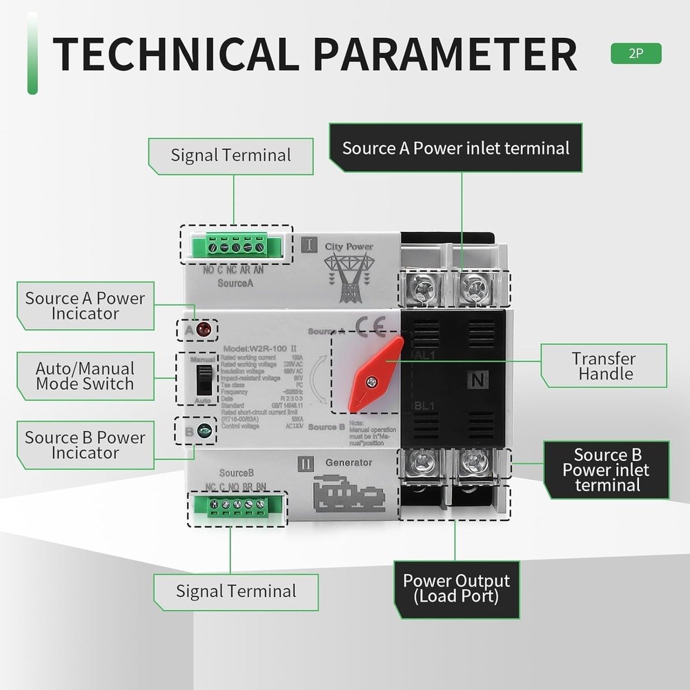 Versatile 2-Pole 100A ATS with Automatic Changeover for Safe Power Supply