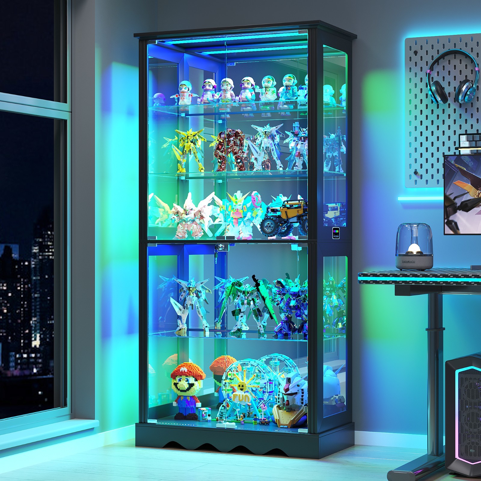 Display Cabinet with Glass Doors, Curio Cabinet with RGB Lights for Collectibles