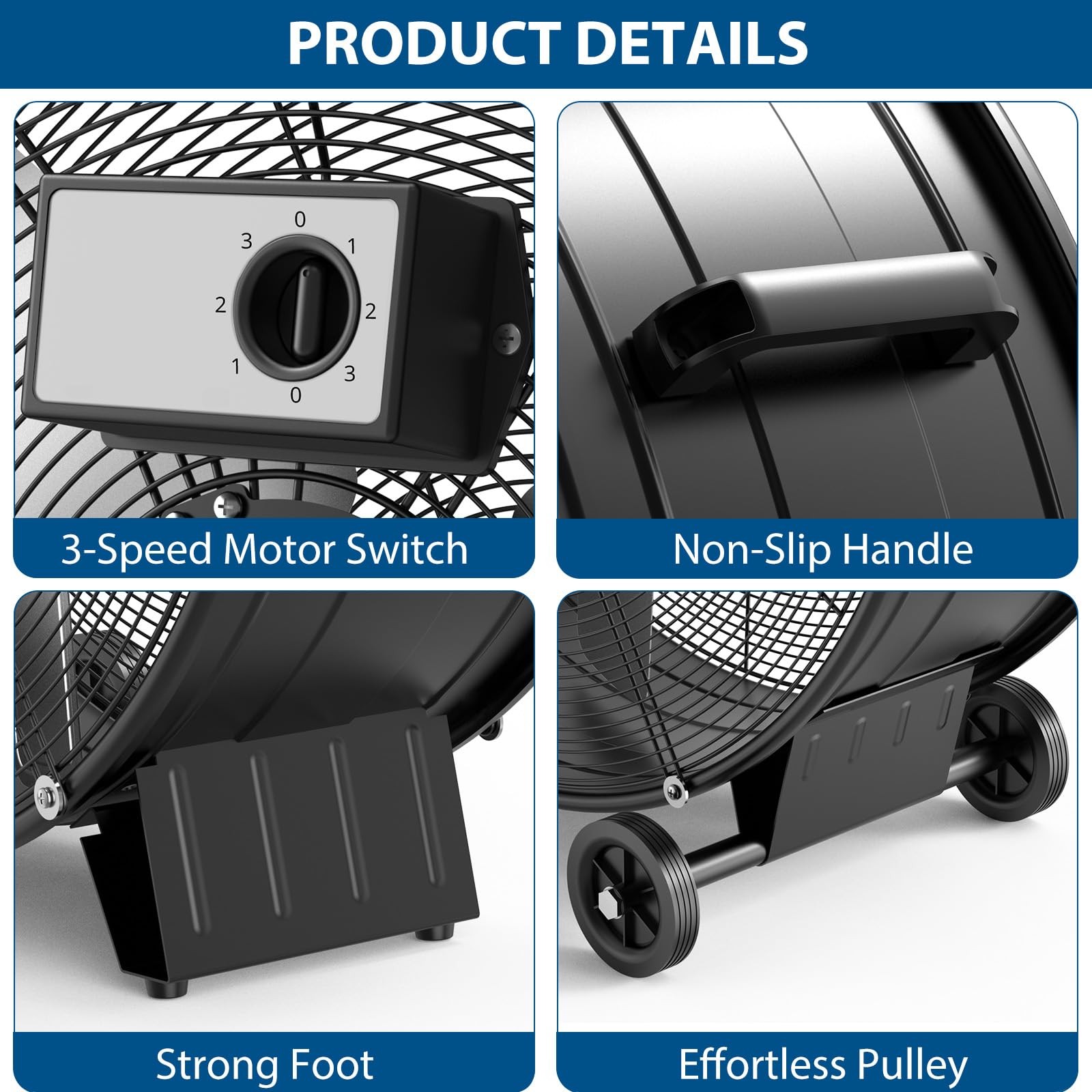 30" Industrial Drum Fan 3-Speed High Velocity Floor Cooling Fan Air Circulator