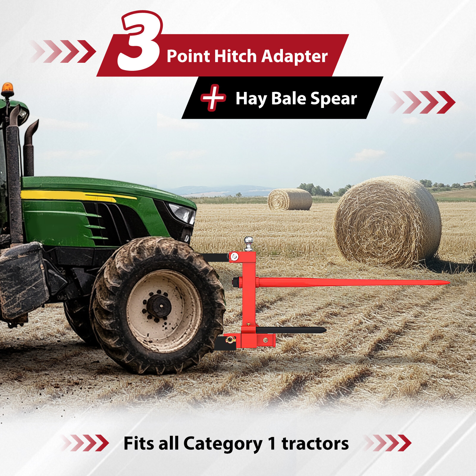 3 Point Hay Bale Spear Trailer Hitch Receiver w/Gooseneck Ball For Cat 1 Tractor