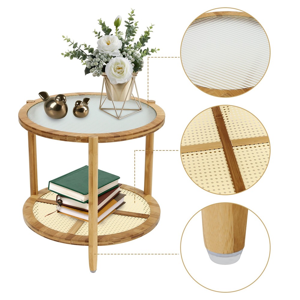 Modern Round Coffee Table Home Wooden End Side Table with Storage Open Shelf
