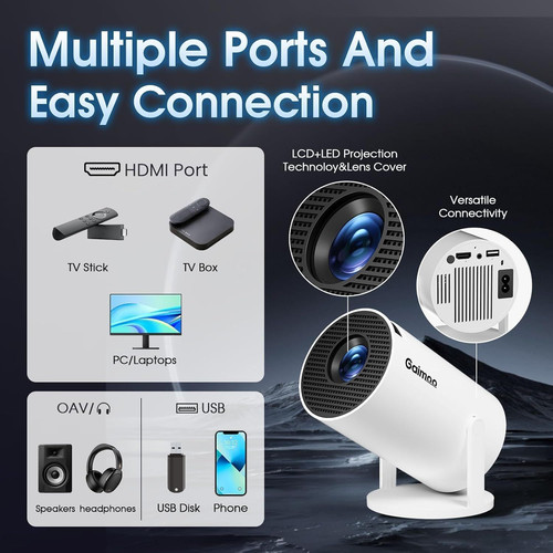 Mini Projector with WiFi and Bluetooth Built-in Apps Smart White