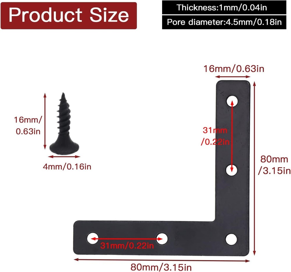 20pcs Black L Flat Shape Braces Corner Bracket, 80x80 mm,