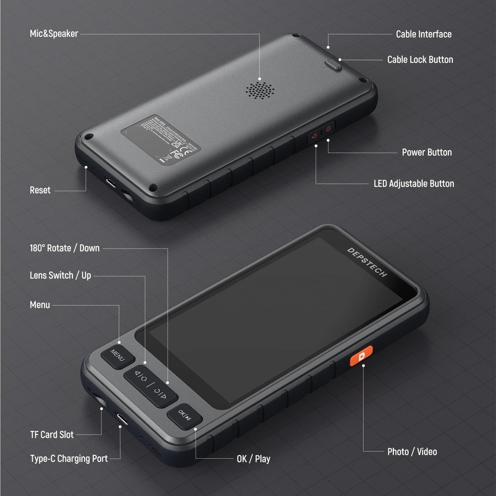 DEPSTECH 5" IPS Screen Borescope with Light, Split View, 1080P Black