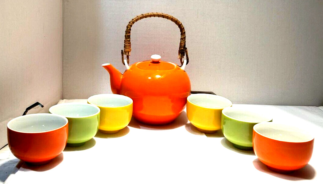 Ratan Handle Ceramic Orange Tea Pot and 6 Cups Made in Japan