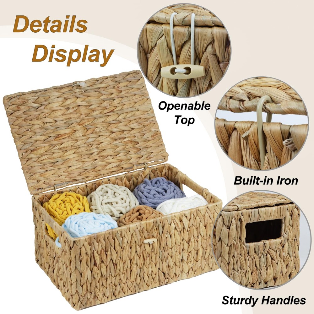 Large Wicker Basket with Lid, Rectangular Water Hyacinth Storage Baskets for ...