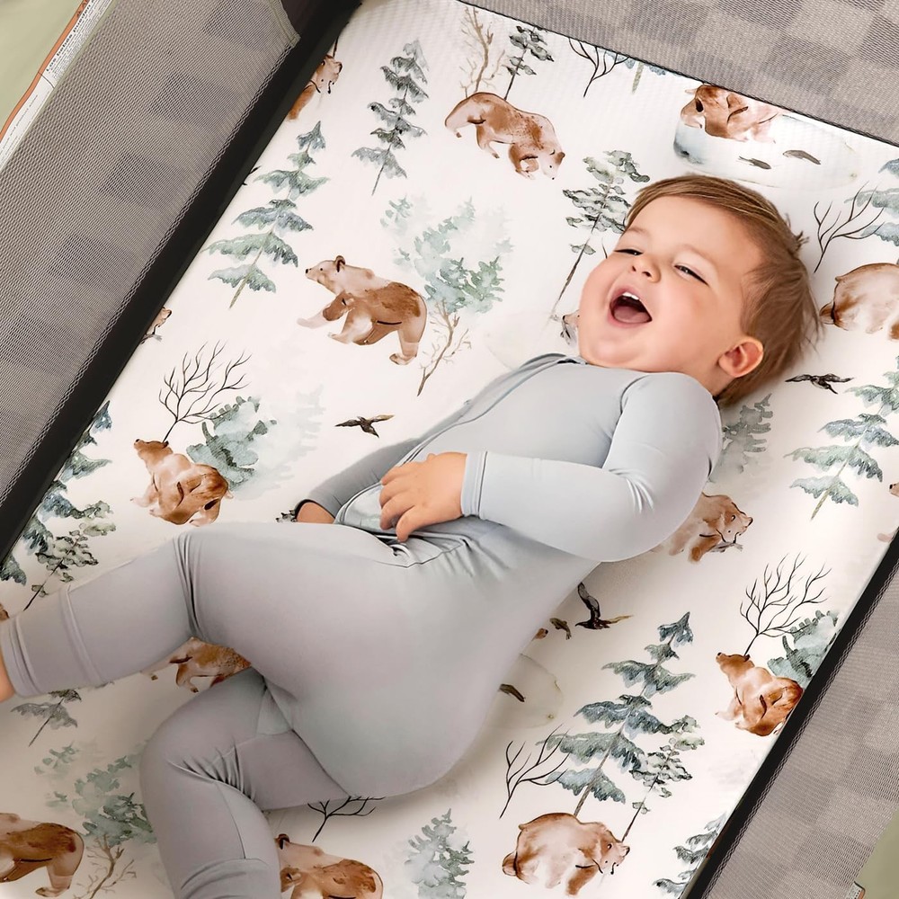 2 Pack Ultra Soft Stretchy Bear Wolf Jersey Knit Fitted Pack Play Sheets Set