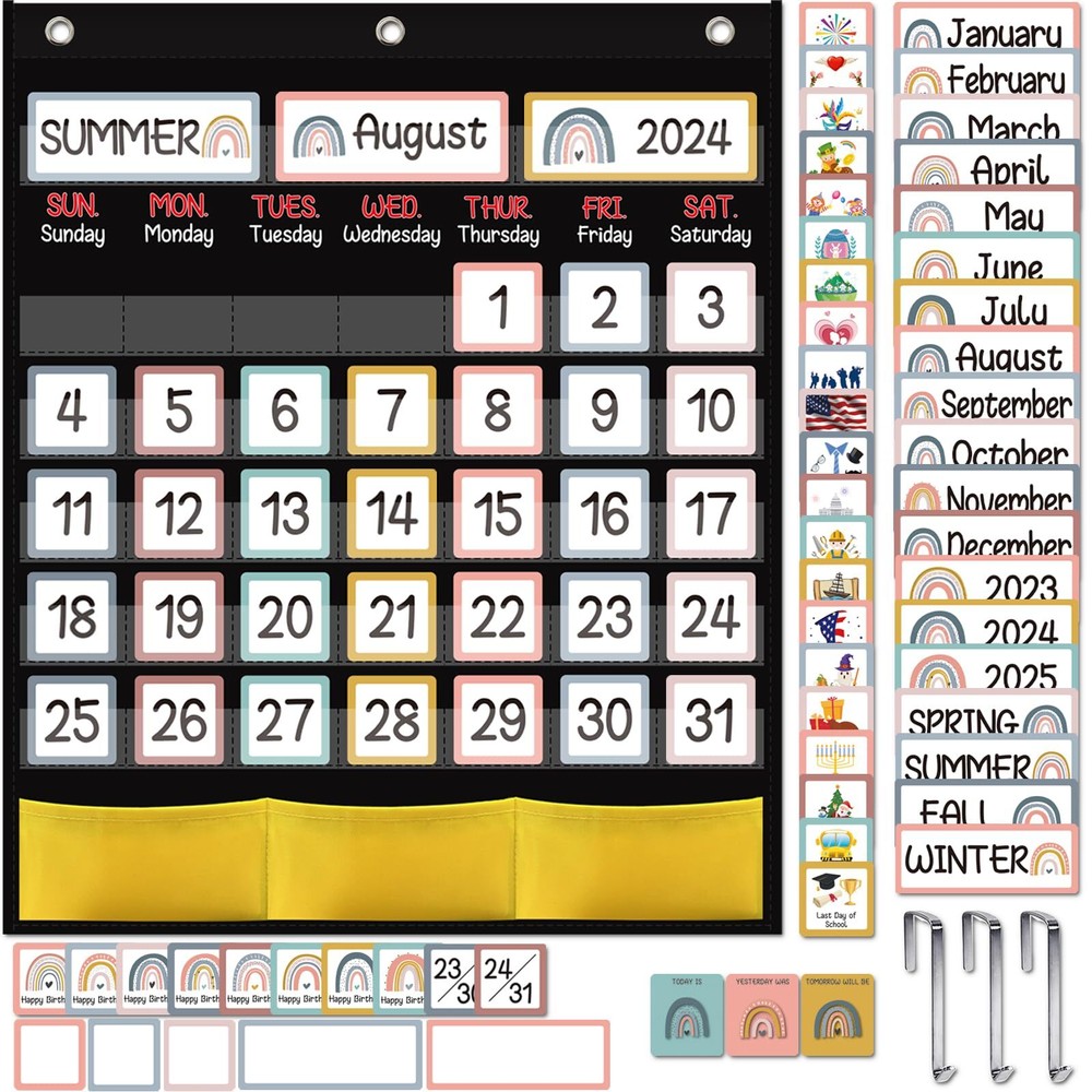 Black Classroom Calendar Pocket Chart 89 Cards Rainbow Theme for Students