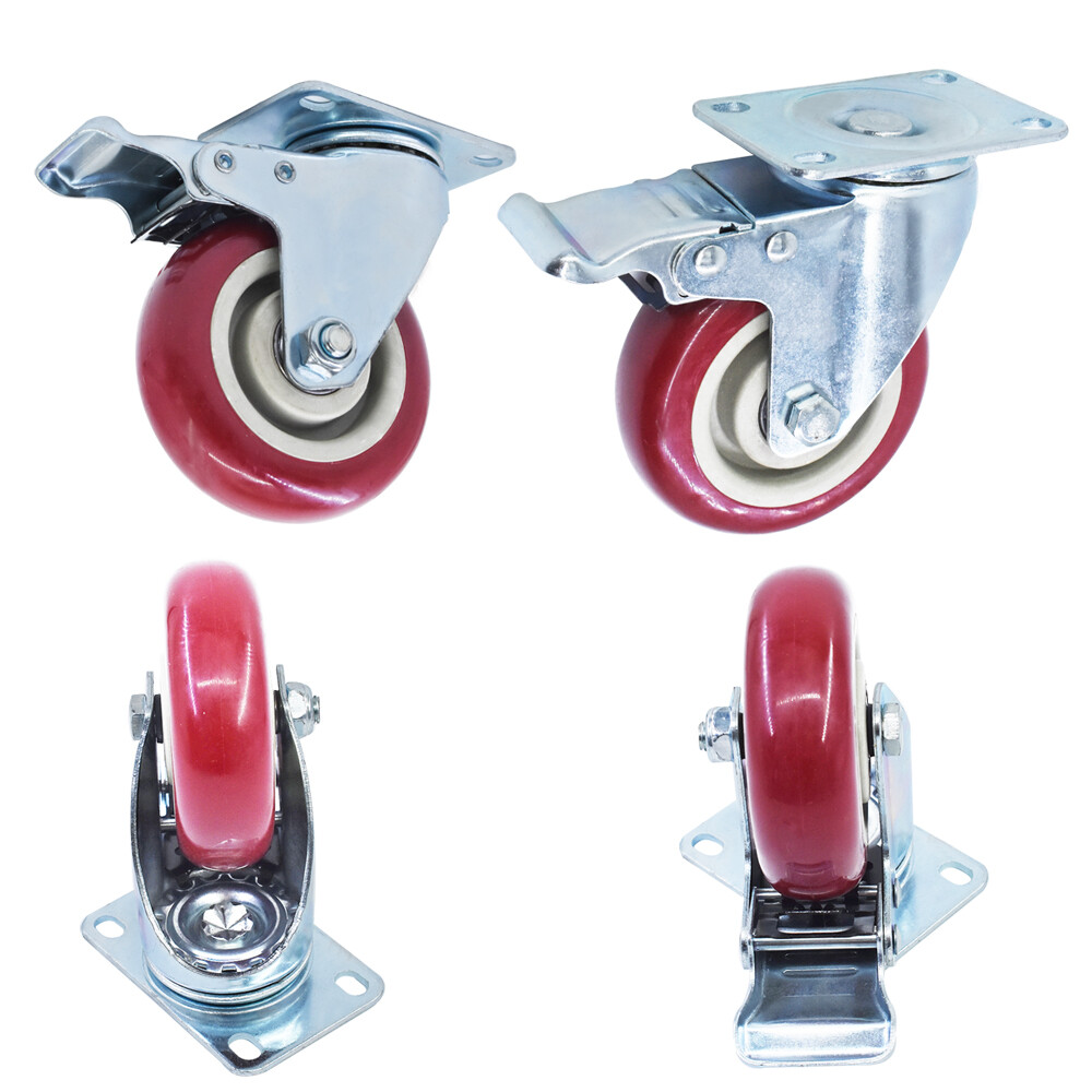 4 Pack 4" Heavy Duty Caster Set Wheels All Swivel & Brake Casters Red