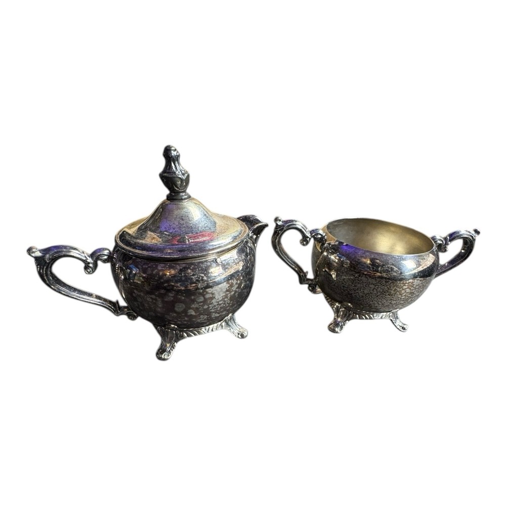 Vintage Silver Tone Creamer & Sugar Bowl Set with Lid Footed Unmarked