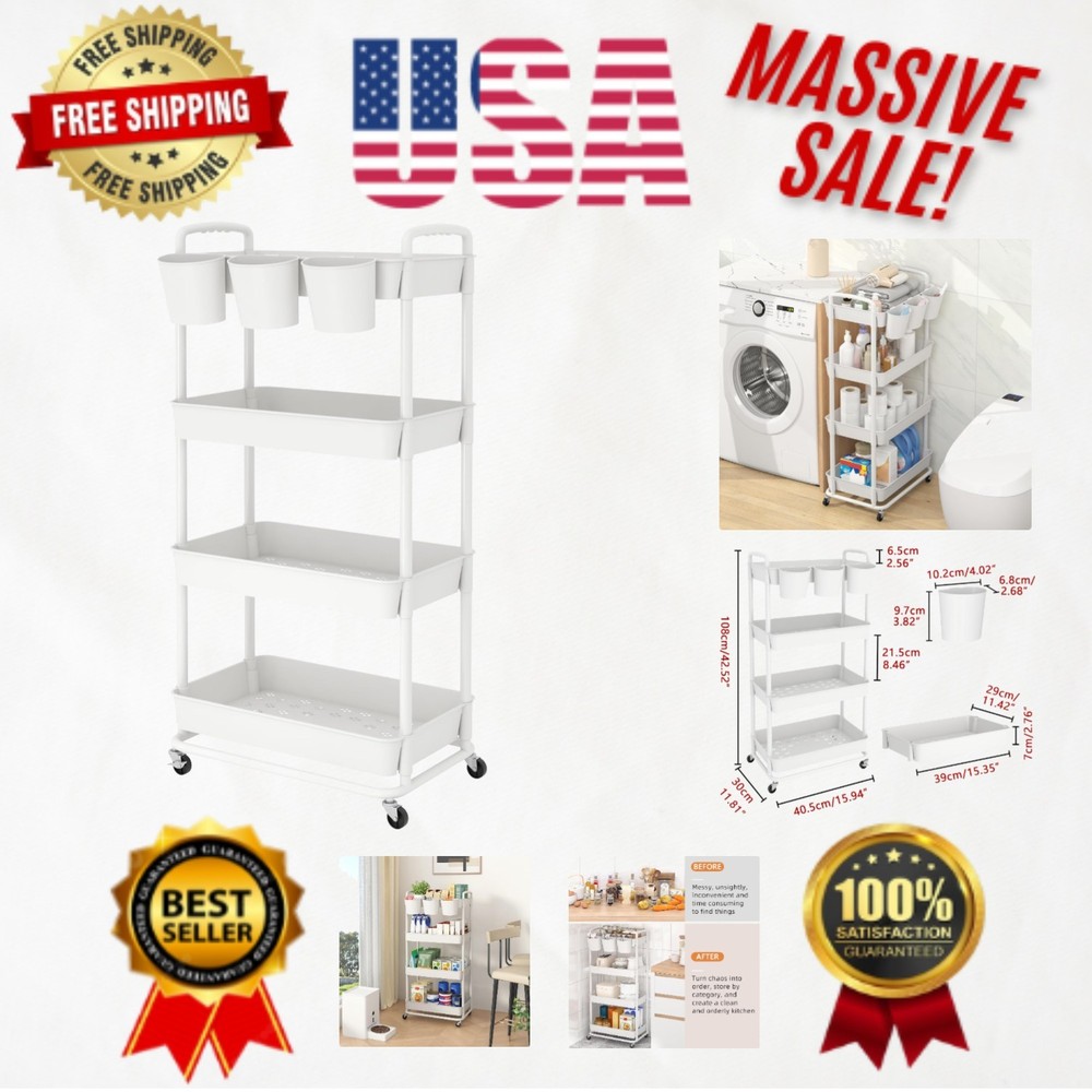 Compact 4-Tier Utility Rolling Cart with Lockable Wheels for Easy Mobility