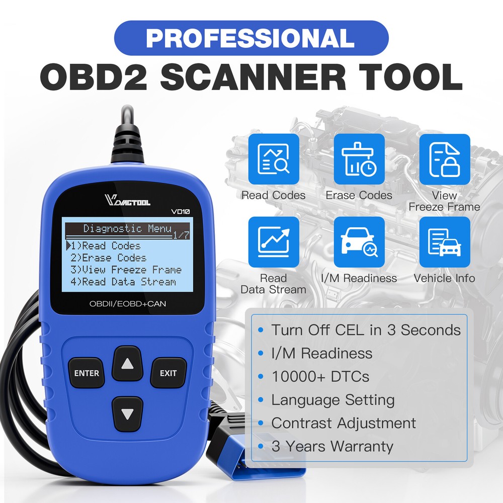 VDIAGTOOL VD10 OBD2 Scanner Car Diagnostic Tool Scanner  Read/ Erase Code I/M