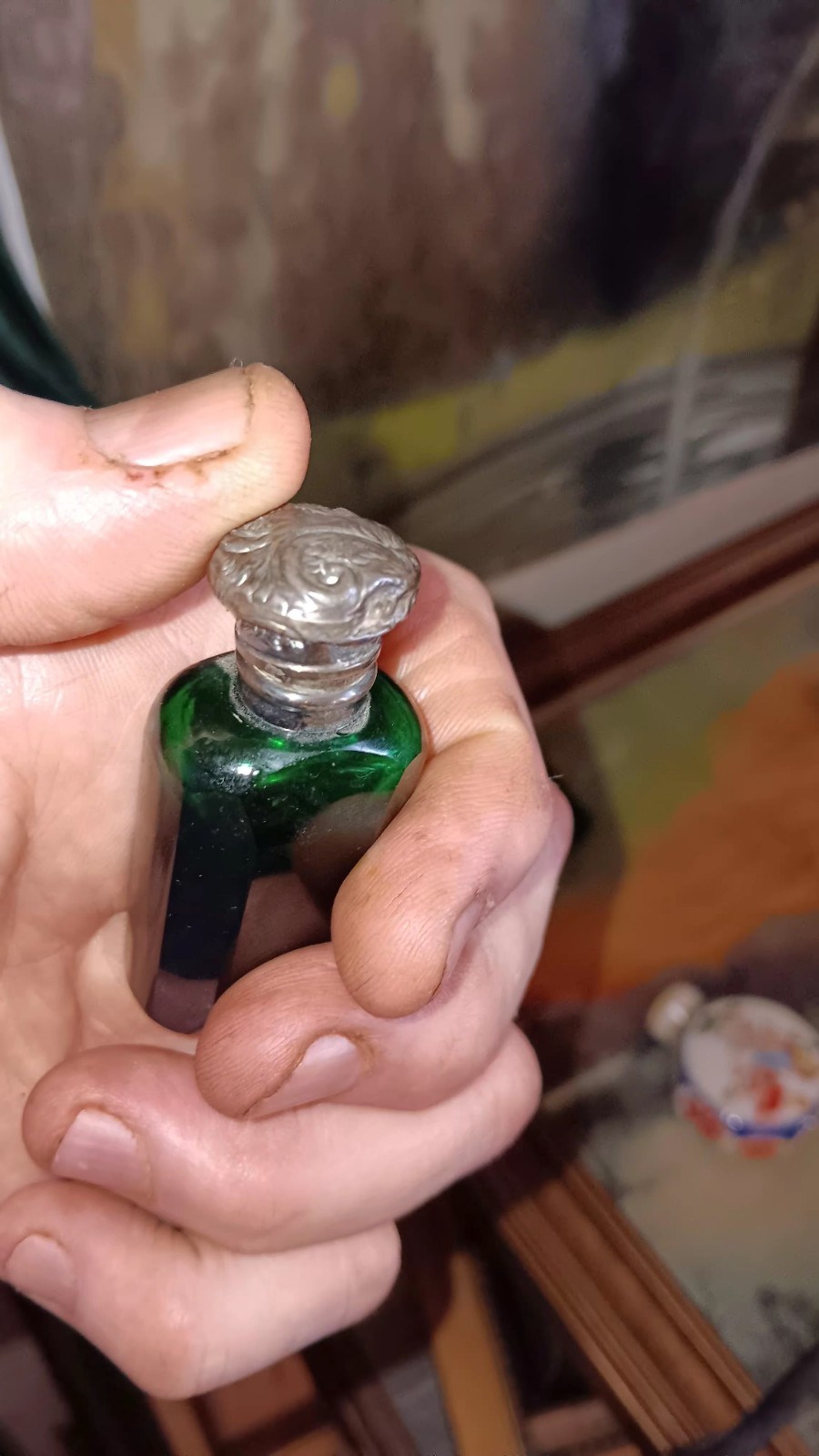 Antique Green Faceted Glass And Sterling Scent Bottle