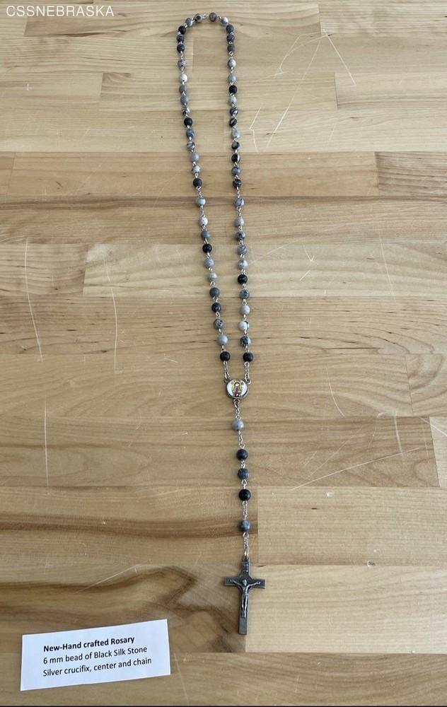 Hand Crafted Silver New Rosary 6mm Bead of Black Silk Stone 20"