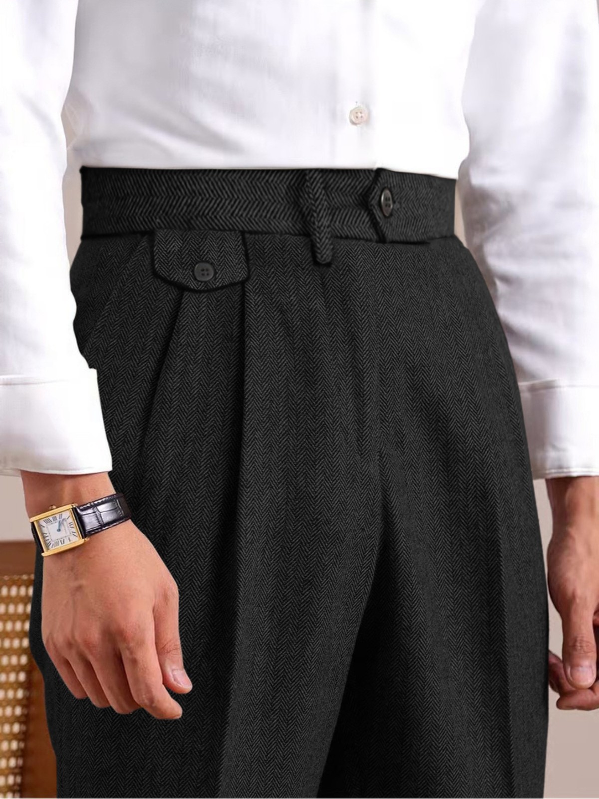 Mens Tweed Dress Pants Vintage Retro Herringbone Adjustable Waist Trousers 28-42