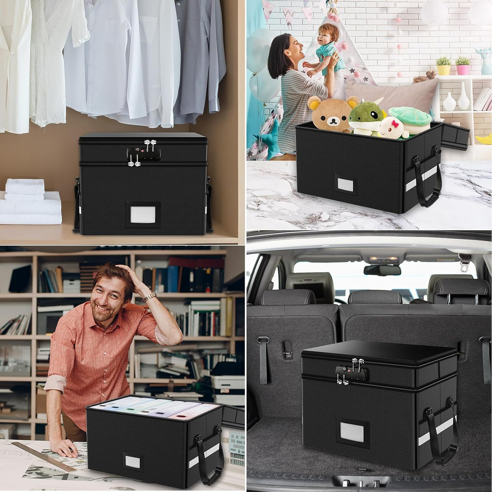 Fireproof Document Box with Lock, 2 Layer Fire Proof File Box for Documents with