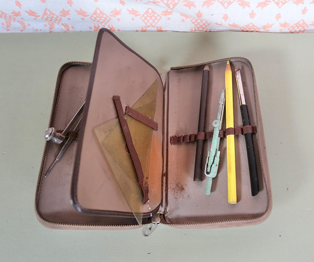 Vintage Drawing Set In Brown Case
