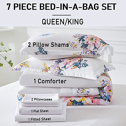 7 Piece Bed in a Bag Comforter Set Botanical Floral Bedding Queen Black Floral