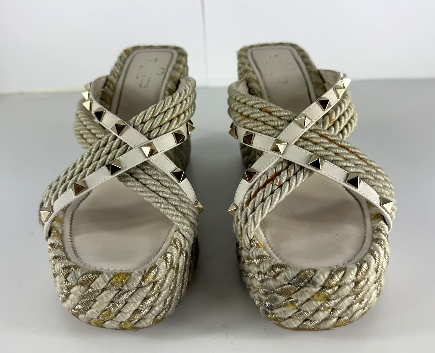 Valentino Rockstud Torchon Espadrille Ivory Striped Wedge Sandal EU 41 US 11