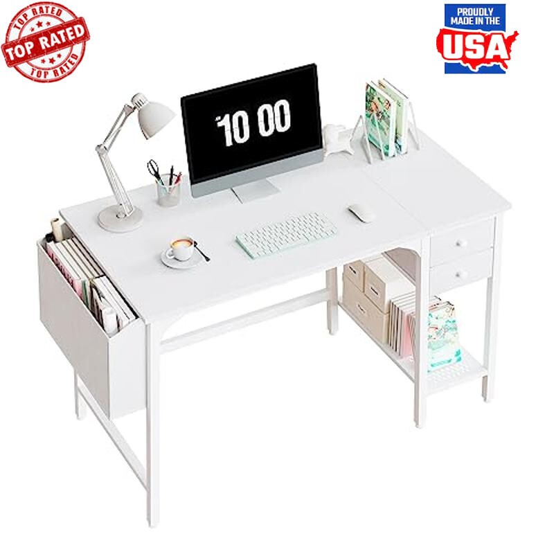 White Computer Desk W/ Drawers Modern Style Space-Saving Easy Assembly New