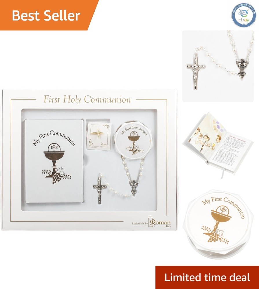 Ready-to-Gift 5-Piece First Communion Set - White & Gold Religious Keepsakes
