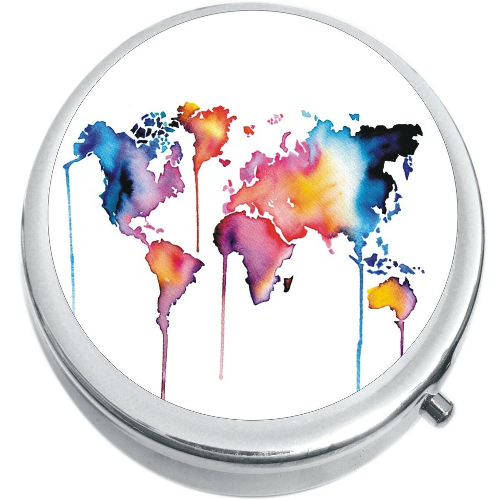Watercolor World Map Globe Medicine Pill Box