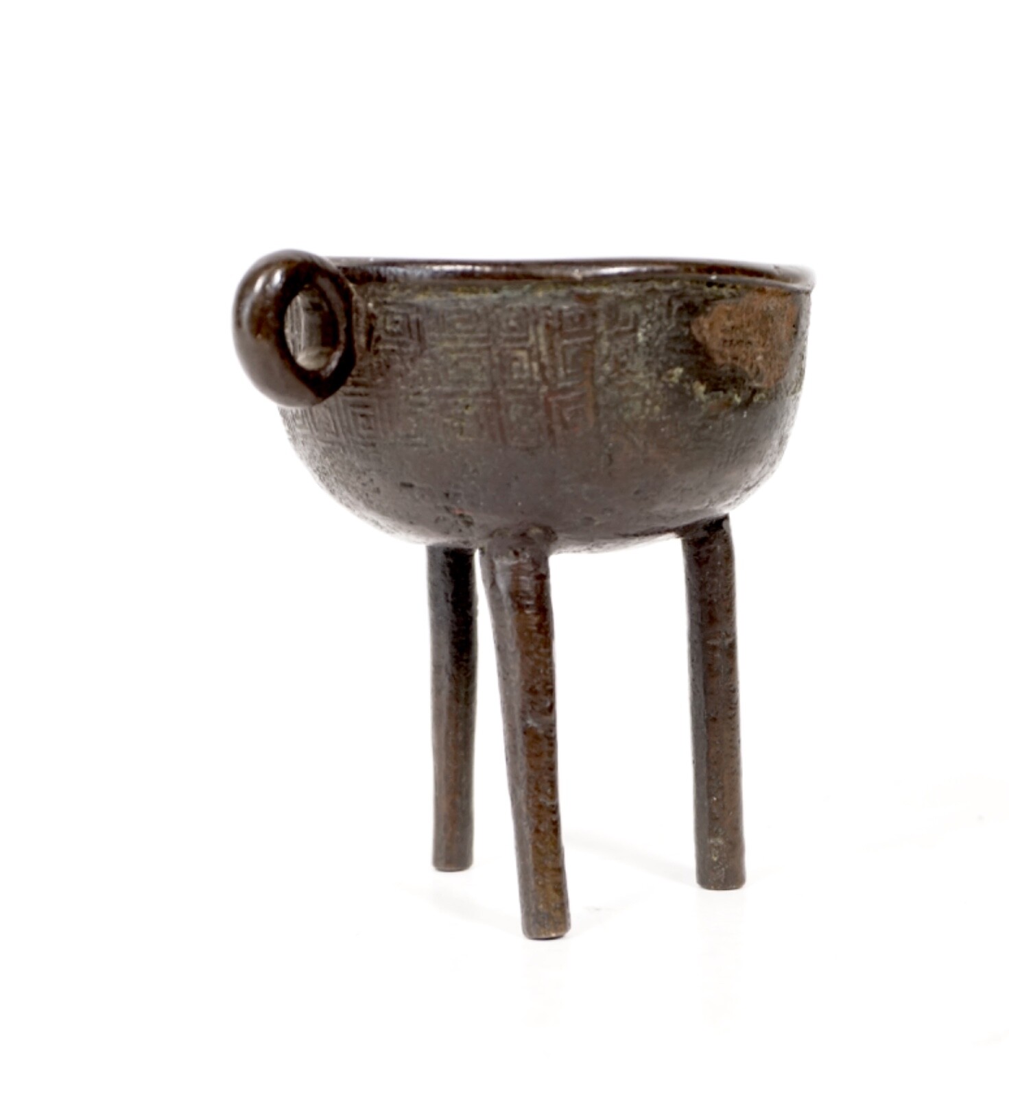 Antique Ming Dinasty DING Bronze Censer - tripod incense burner with loop handle