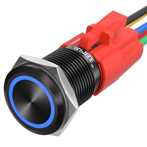 16mm Momentary Black Push Button Switch On Off with 12V LED Black Shell-Blue