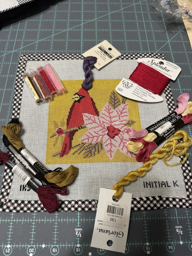 Initial K Fall Cardinal Painted Needlepoint Kit With Threads