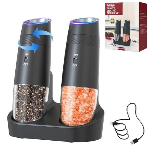 Electric Pepper & Salt Grinder Set - Automatic Adjustable Coarseness, Rechargeab
