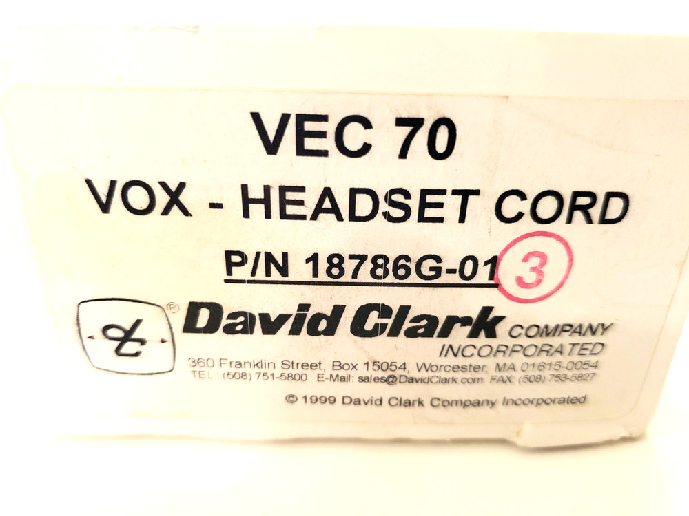 David Clark VEC-70 Vox Headset Cord 18786G-01