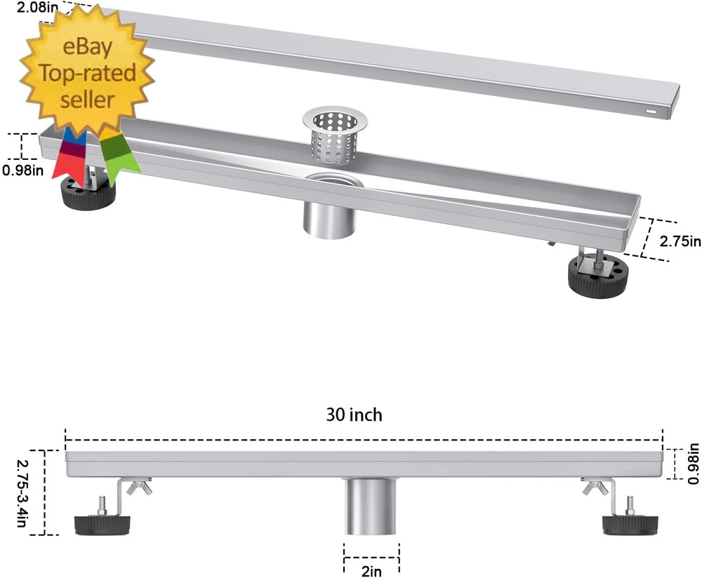 Linear Shower Drain 30 Inch Brushed Nickel withTile Insert Grate Rectangle Floor