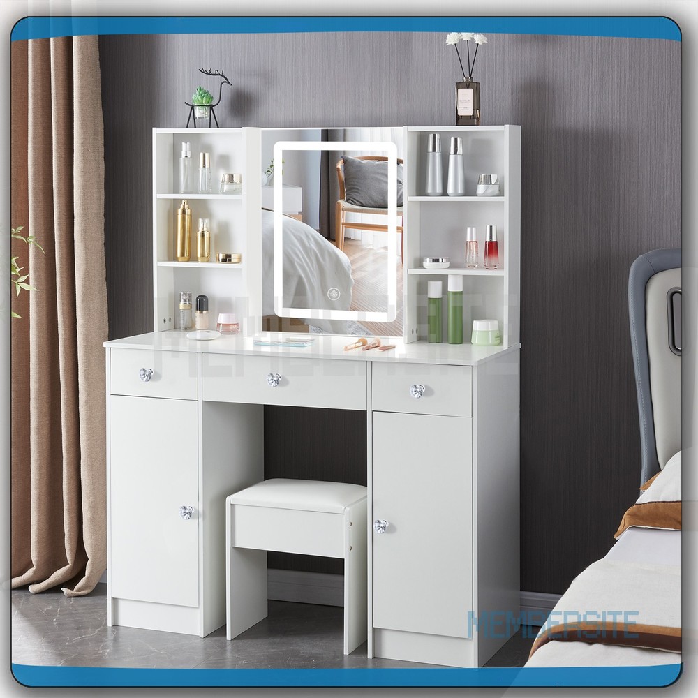 Vanity Table Makeup Dressing Desk with Smart LED Lighted Mirror and Stool White