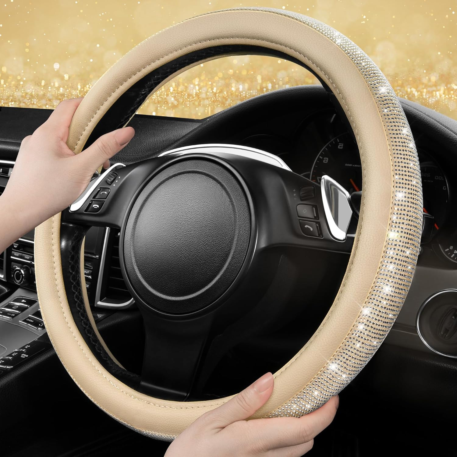 Bling Diamond Beige Leather Steering Wheel Cover, White Sparkly Crystal Glitter