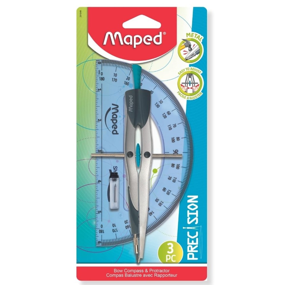 Maped - Precision Metal Bow Compass & Protractor, 3 Piece Set - Older Student...