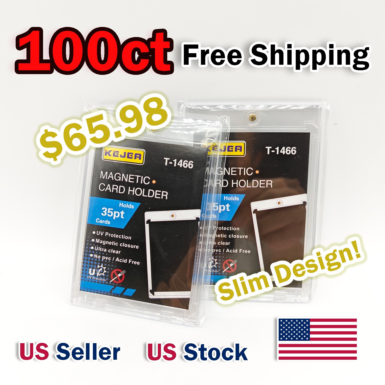 100 Pack Magnetic Trading Sports Card Holders Slim 35pt One-Touch UV Protection