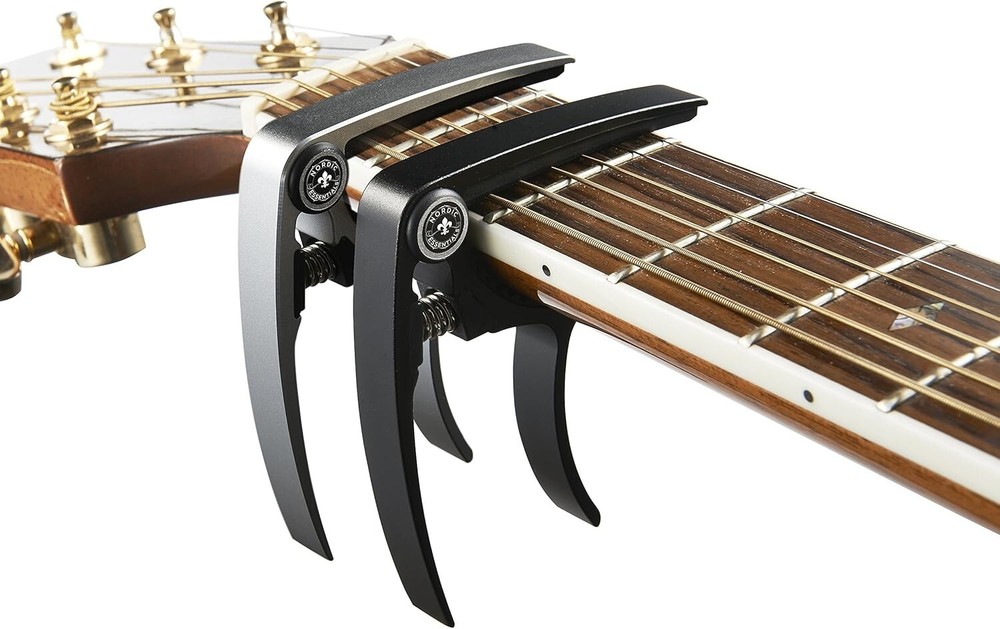 Easy One-Hand Use Capo Duo in Black & Silver - Ideal for All String Instruments