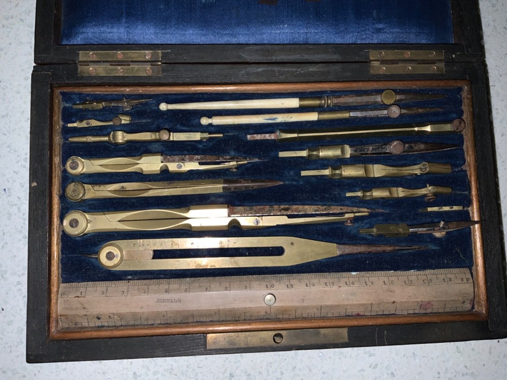 Antique Brass Geometry draftsmanship technical Drawing Instruments Set 1879 key