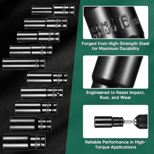 1/2" Drive Impact Socket Set, 12-Piece Deep Socket Set with Extension Bar,