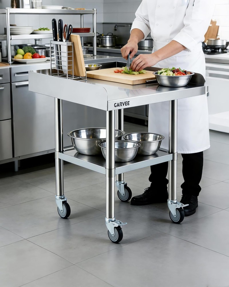 Stainless Steel Mobile Work Table with Detachable 3-Side Splash Guard & Wheels