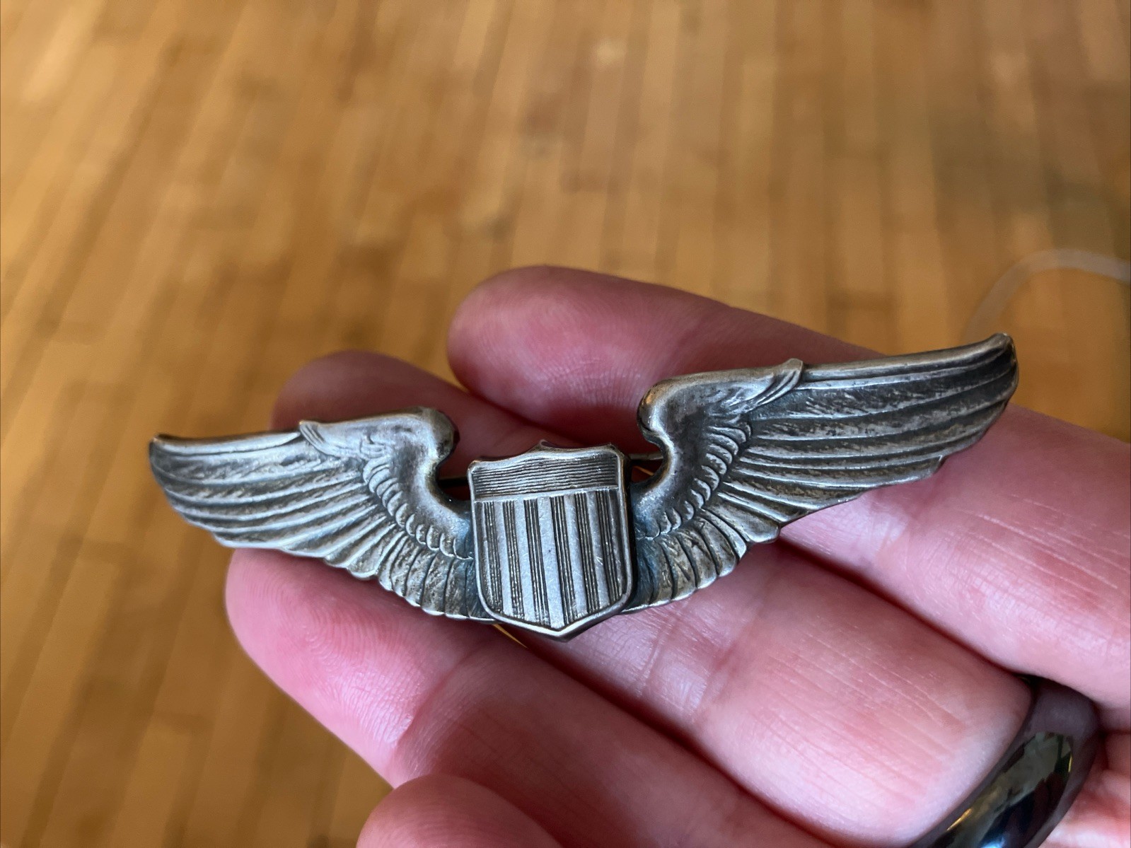 Vintage Sterling Silver WWII Military Pilot Aviator Wings Pin A.E. Co Utica NY