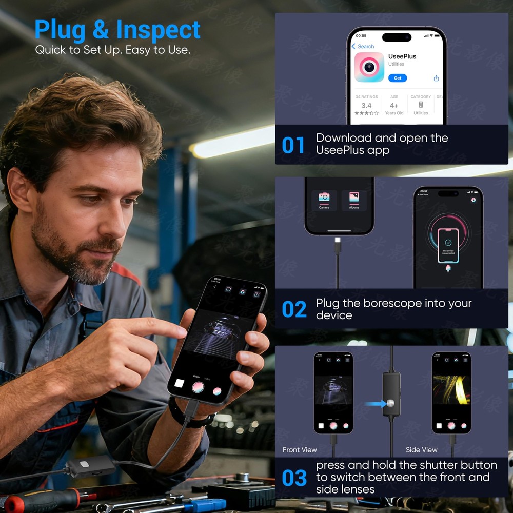 Endoscope Camera with Light,1920P HD Borescope with 8 Adjustable LED Lights, ...