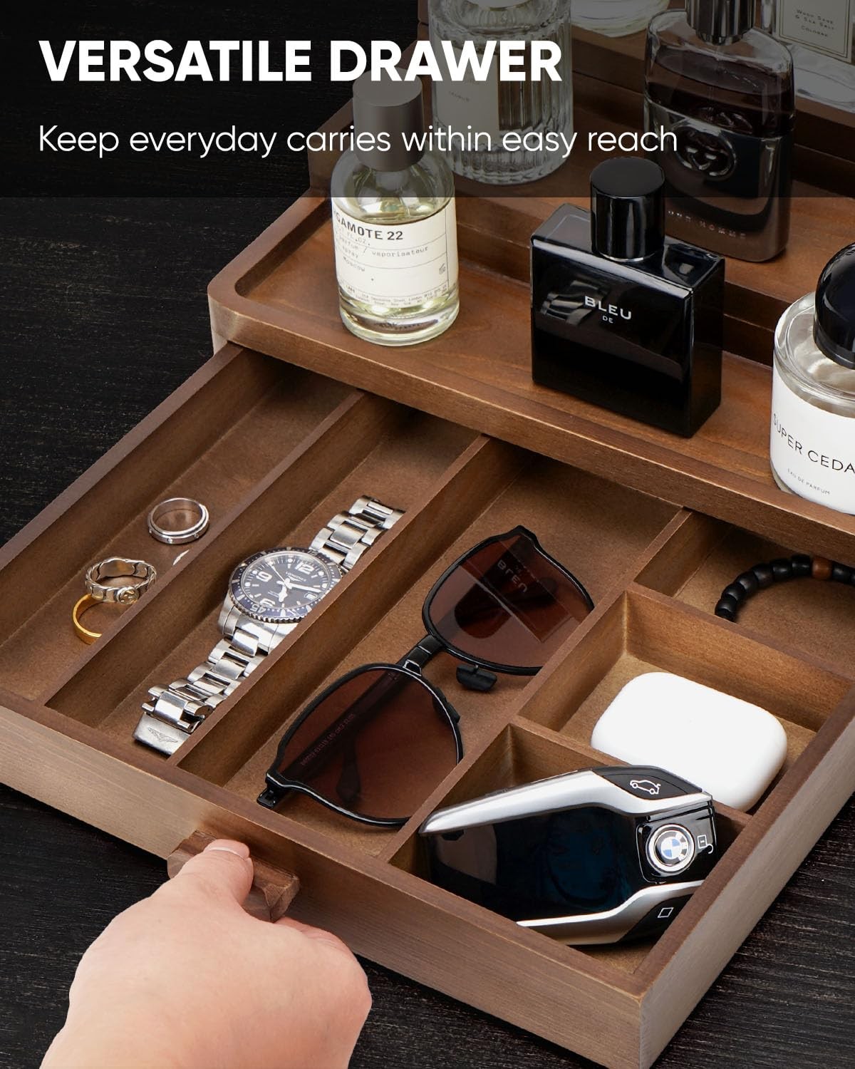 Cologne Organizer 3 Tier Wooden Stand W/ Drawer Storage Hidden Compartment Brown