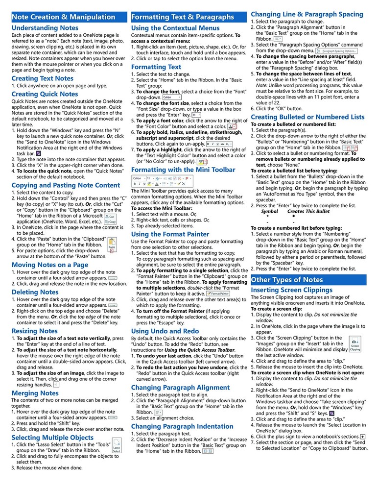 OneNote 2016 Training Guide Quick Reference Card 4 Page Cheat Sheet Instruction